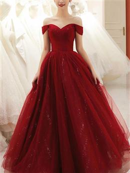 Picture of Glam Wine Red Color Sweetheart Tulle Shiny Long Prom Dresses Party Dresses, Wine Red Color Formal Dresses